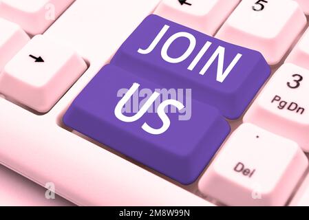 Inspiration zeigt das Schild Fügen Sie uns bei. Word geschrieben auf Register in Community Team oder Blog Melden Sie sich bei den sozialen Medien an Stockfoto