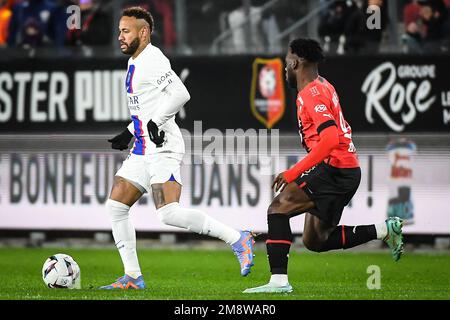 Rennes, Frankreich, Frankreich. 15. Januar 2023. NEYMAR JR von PSG während des Spiels Ligue 1 zwischen Stade Rennais (Rennes) und Paris Saint-Germain (PSG) am 15. Januar 2023 im Roazhon Park in Rennes, Frankreich. (Kreditbild: © Matthieu Mirville/ZUMA Press Wire) NUR REDAKTIONELLE VERWENDUNG! Nicht für den kommerziellen GEBRAUCH! Stockfoto