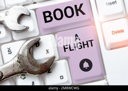 Schreiben und Anzeigen von Text Buchen Sie Einen Flug. Geschäftsidee Kaufen Sie Tickets für eine Reise mit dem Flugzeug und planen Sie Urlaub Stockfoto