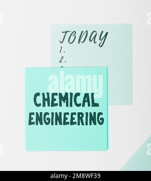 Textbeschriftung zur Darstellung der Chemietechnik. Business Showcase Entwicklung von Dingen, die sich mit der industriellen Anwendung der Chemie befassen Stockfoto