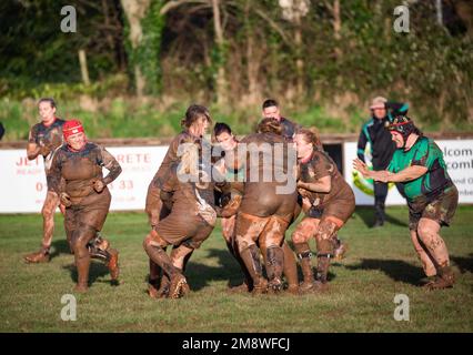 Withycombe, Devon, 15. Januar 2023, nach heftigen Regenschauern heute Morgen ging das Rugby-Spiel weiter, wobei Camborne RFC Withycombe RFC spielte. Die Temperatur heute war 8C Grad und die Sonne kam schließlich heraus. Nach einem schwierigen Spiel, bei dem beide Teams mit Schlamm bedeckt waren, erreichte Camborne 31 15 Punkte. Guthaben:Keith Larby/Alamy Live News Stockfoto