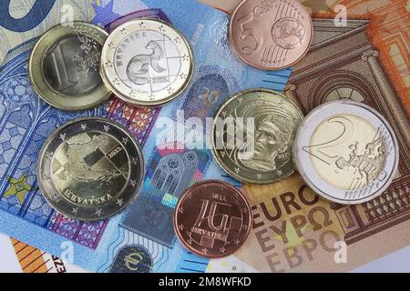 Kroatische Euro-Münzen, neues Mitglied der Eurozone, Münzen und Banknoten, Jahr 2023 Stockfoto