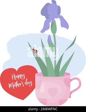Blüteniris mit Knospe und Marienkäfer auf Blatt im Becher. Glückwunschkarte zum Muttertag. Vektordarstellung. Blühende violette Gartenblume für Design, Karte, Stock Vektor