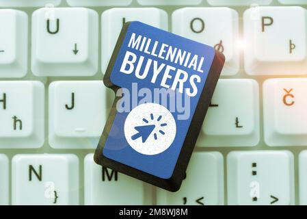 Schreiben mit Text Millennial Buyers. Geschäftsidee Typ der Konsumenten, die an Trendprodukten interessiert sind Stockfoto