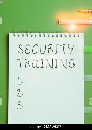 Textunterschrift zur Präsentation der Sicherheitsschulung. Geschäftsansatz, der Endbenutzern Schulungen zum Sicherheitsbewusstsein bietet Stockfoto
