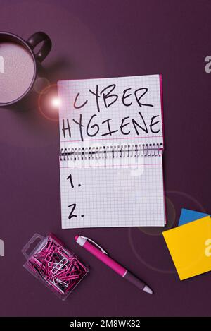 Schreiben Anzeigetext Cyber Hygiene. Unternehmensüberblick Schritte, die Computerbenutzer Unternehmen, um ihre Cyber-Sicherheit zu verbessern Stockfoto