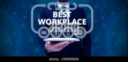 Schild mit der Anzeige „Bester Arbeitsplatz“. Ein Wort über das ideale Unternehmen, um stressfrei mit hoher Vergütung zu arbeiten Stockfoto