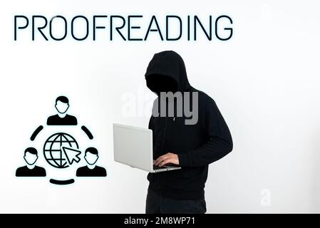 Inspiration mit Zeichen-Proofreading. Begriff bedeutet Lesen und Markieren von Rechtschreibfehlern, Grammatik- und Syntaxfehlern Stockfoto