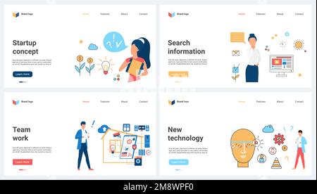 Teamarbeit, technische Informationssuchtechnologie für die Vektordarstellung von Startup-Sets. Cartoon Tiny Menschen nutzen neue intelligente Geräte und KI-Online-Kommunikation, bauen Geldpflanzen und Glühbirnen an Stock Vektor