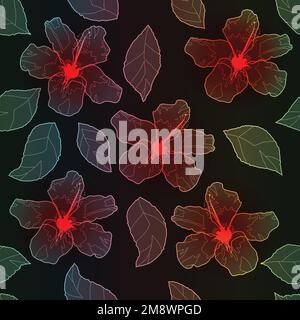 Rote Hibiskusblumen auf schwarzem Hintergrund, nahtloses Muster Stock Vektor