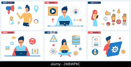 Technische Innovation, Analyse und Datenspeicherung, Verbesserung der Website-Inhalte als Vektordarstellung. Kleine Cartoon-Leute arbeiten mit Datenbanken und Online-Cloud-Servern an neuer Website-Entwicklungstechnologie Stock Vektor