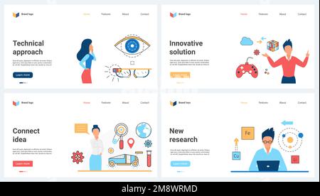 Technischer Ansatz für die Entwicklung innovativer Ideen und Lösungen setzt eine Vektordarstellung. Cartoon Tiny People verbinden Teile von Technologieprojekten, Forschung mit virtuellen Headsets und modernen Geräten Stock Vektor
