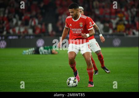 Lissabon, Portugal. 15. Januar 2023. Goncalo Ramos aus Benfica in Aktion während des Fußballspiels Liga Portugal BWIN zwischen SL Benfica und Sporting CP bei Estadio da Luz. Endstand: SL Benfica 2:2 Sporting CP Credit: SOPA Images Limited/Alamy Live News Stockfoto