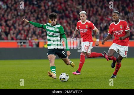 Lissabon, Portugal. 15. Januar 2023. Francisco Trincao von Sporting CP (L), Enzo Fernandez von Benfica (C) und Florentino Luis von Benfica (R) in Aktion während des Fußballspiels Liga Portugal BWIN zwischen SL Benfica und Sporting CP bei Estadio da Luz. Endstand: SL Benfica 2:2 Sporting CP Credit: SOPA Images Limited/Alamy Live News Stockfoto