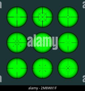 Verschiedene Waffen Nachtsicht, Scharfschützengewehr optische Scopes. Jagdgewehr-Sucher mit Fadenkreuz. Ziel, schießen Marke Symbol. Militärisches Zielschild Stock Vektor