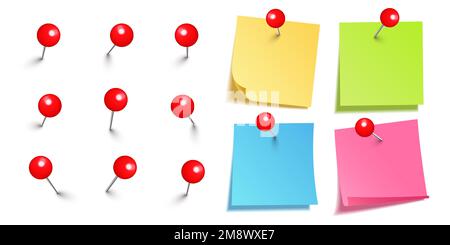 Realistische leere Haftnotizen isoliert auf weißem Hintergrund. Bunte Notizblätter mit roten runden Stecknadeln. Papiererinnerung und Kunststoffstecknadel Stock Vektor