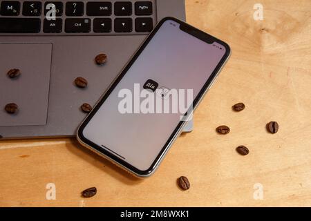 Kiew, Ukraine - 12. Januar 2023: Das Telefon liegt auf einem Laptop mit einem offenen Diya-Programm und dem Wappen der Ukraine. Hochwertiges Foto Stockfoto