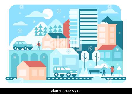 Winterliche geometrische Stadt mit wandelnden Menschen Vektordarstellung. Cartoon einfache minimalistische Landschaft mit modernen Wohnblocks, Häusern und Brücke, Auto auf der Straße und Park mit Bäumen und Bank Stock Vektor
