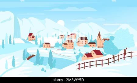 Landschaftsbild der europäischen Winterlandschaft. Cartoon-Landschaft mit Bergski-Resort und Dorf in Europa, Häuser und Bäume mit Schnee, Wasserfall und Fluss, alpines Reiseziel Stock Vektor