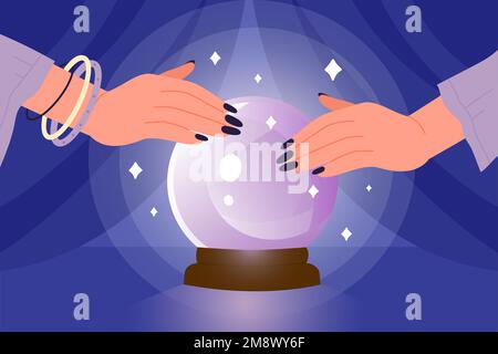 Hände eines magischen Wahrsagers mit Kristallkugel-Vektordarstellung. Ein magischer Cartoon-Seher, der an einem mystischen Glaskugel sitzt, auf einem Tisch mit blauen Vorhängen, eine Dame, die mit Sternen in die Sphäre schaut, um die Zukunft vorherzusagen Stock Vektor