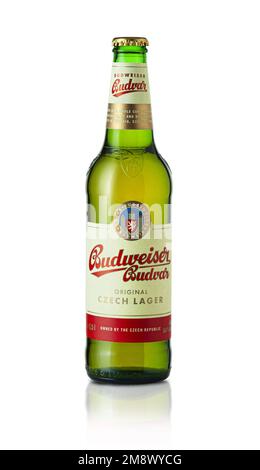 CHISINAU, MOLDAWIEN - 15. JANUAR 2023: Budweiser Lagerbier isoliert auf weißem Hintergrund. Budweiser wird in Ceske Budejovice in der Tschechischen Republik gebraut. WI Stockfoto