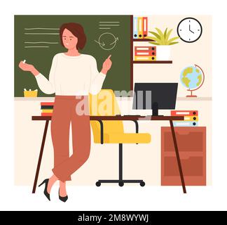 Lehrer steht an der Tafel im Klassenzimmer Vektorbild. Cartoon-Frau, die Schüler einer Schule, eines Colleges oder einer Universität im Unterricht ausbildet, weibliche Professorin, die an einer Tafel lehrt und erklärt Stock Vektor