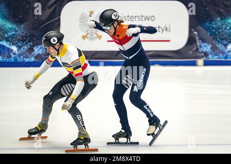 DANZIG - Jens van 't Wout, Stijn Desmet (4) während 1000 Metern am 3. Tag der europäischen Schnellskating-Meisterschaft. ANP RONALD HOOGENDOORN niederlande raus - belgien raus Stockfoto