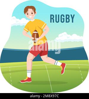 Rugby-Spieler mit einem Ball im Meisterschaftssport für Webbanner oder Landing Page in flachen, handgezeichneten Cartoon-Vorlagen Stock Vektor