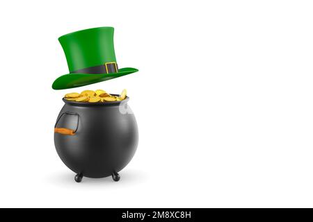 Eisenkessel mit glänzender Goldmünze auf weißem Hintergrund. Isolierte 3D-Abbildung. St. Patrick's Day Stockfoto