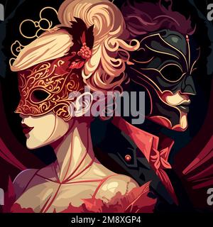 Illustration von fiktiven Figuren, die stilvoll für eine Maskerade verkleidet sind und verzierte venezianische Masken auf dem Jahrmarkt tragen Stock Vektor