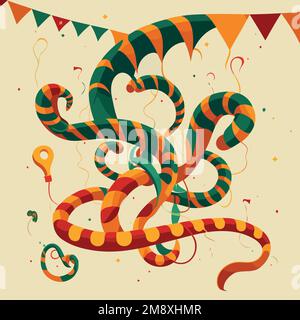 Rot, Orange, Grün, Banderole, Wimpel, Dekorativ, Hintergrund, Karneval, Festival, Band, Serpentine, Konfetti, festlich, feiern, Geburtstag, Illus Stock Vektor