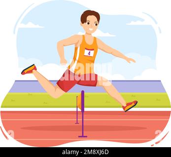 Athlete Run Hürde Long Jump Sportman Game Illustration in Obstacle Running für Webbanner oder Landing Page in Flat Cartoon Hand Drawn Templates Stock Vektor