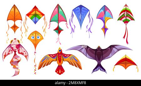 Cartoon-Set aus bunten Drachen, isoliert auf weißem Hintergrund. Vektordarstellung fliegender Papierspielzeuge in Form von Vögeln, Fischen, Quadraten, Dreiecken und Rhombus für Kinderspiele und Sommeraktivitäten im Freien Stock Vektor