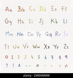 Buntes Alphabet und Zahlen auf einem Vektor aus weißem Papier Stock Vektor