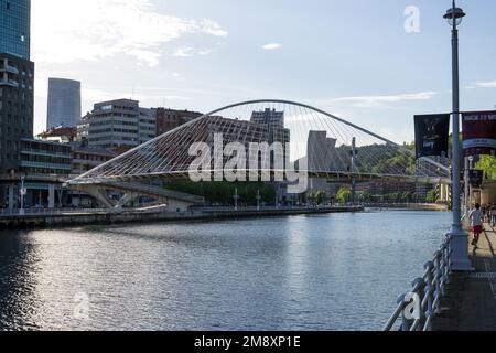 Architektonische Details der Zubizuri Fußgängerbrücke am Ufer des Flusses Nervion in der Innenstadt der Stadt Stockfoto