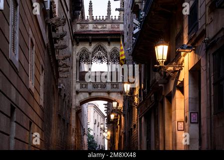 Bischofsbrücke, eine neogotische Brücke zwischen dem Palast der Generalitat und dem Haus der Kanonen über die Bishop Street (Barcelona, Spanien) Stockfoto