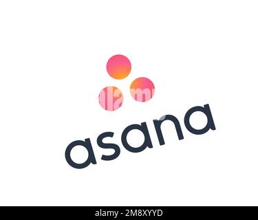 Asana-Software, gedrehtes Logo, weißer Hintergrund Stockfoto