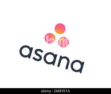 Asana-Software, gedrehtes Logo, weißer Hintergrund B Stockfoto