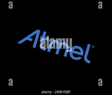 Atmel, gedrehtes Logo, schwarzer Hintergrund B Stockfoto