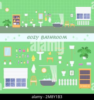 Clipart-Badezimmer mit Retro-Badewanne, Toilettenschüssel, Bidet, Waschbecken und Accessoires auf grünem Hintergrund Stock Vektor
