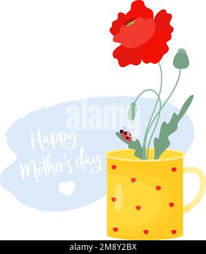 Blumenroter Mohn mit Marienkäfer auf Blatt im Becher. Glückwunschkarte zum Muttertag. Vektordarstellung Stock Vektor