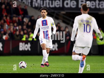 Rennes, Frankreich. 15. Januar 2023. Marquinhos von PSG während des Fußballspiels der französischen Meisterschaft Ligue 1 zwischen Stade Rennais und Paris Saint-Germain am 15. Januar 2023 im Roazhon Park in Rennes, Frankreich - Foto Jean Catuffe / DPPI Credit: DPPI Media/Alamy Live News Stockfoto