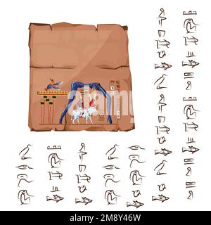 Das antike ägyptische Papyrus oder der Stein-Cartoon-Vektor mit Hieroglyphen und religiösen Symbolen der ägyptischen Kultur, Ra sitzt auf der Kuh zurück, über ihr in Form der Nachthimmel-Göttin Nut, Ra, die zur Himmelslegende abfährt Stock Vektor