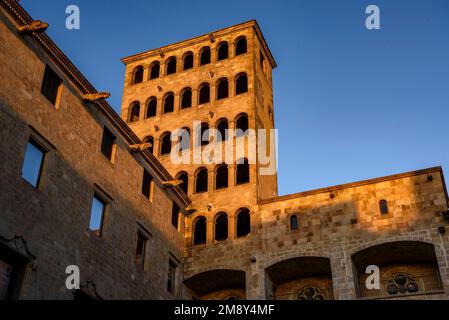 Plaza del Rei und Turm Mirador del Rei Martí bei Sonnenaufgang im gotischen Viertel von Barcelona (Katalonien, Spanien) Stockfoto