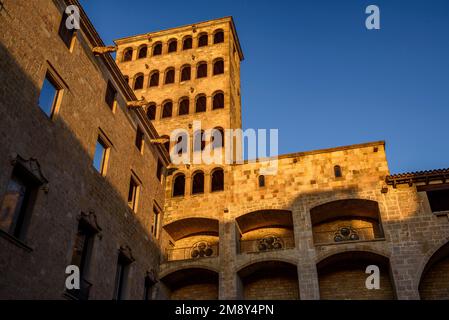 Plaza del Rei und Turm Mirador del Rei Martí bei Sonnenaufgang im gotischen Viertel von Barcelona (Katalonien, Spanien) Stockfoto