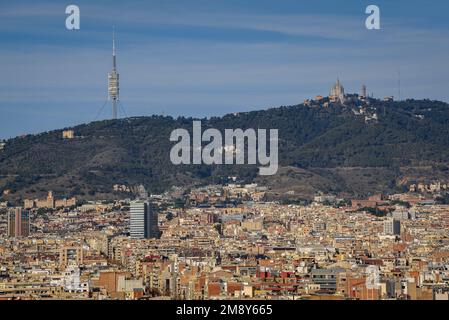 Die Stadt Barcelona vom Miramar Aussichtspunkt auf Montjuic an einem Wintermorgen (Barcelona, Katalonien, Spanien) ESP: La ciudad de Barcelona Stockfoto