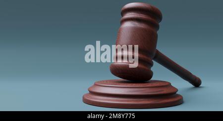 Hölzerner Hammer auf blauem Hintergrund. Braunes Hammer-, Auktions- oder Urteilssymbol. Recht und Gerechtigkeit. Nahaufnahme, Raum. 3D-Rendern Stockfoto