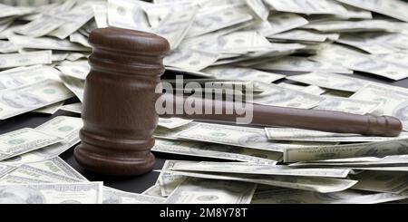 Hölzerner Hammer auf 100-Dollar-Banknotenhintergrund. Brauner Hammer, Auktions- oder Gesetzessymbol, Urteil über Korruption, Bestechung. 3D-Rendern Stockfoto