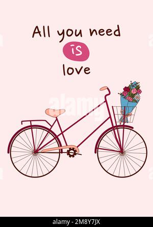 Valentinstag-Grußkarte mit einem Fahrrad und einem Blumenstrauß. Vektordarstellung Stock Vektor
