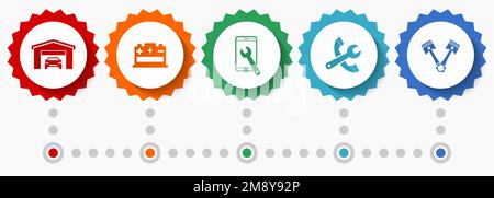 Werkstattvektorsymbole, flache Webausweise für Autoservice, Infografiken für Unternehmen Stock Vektor